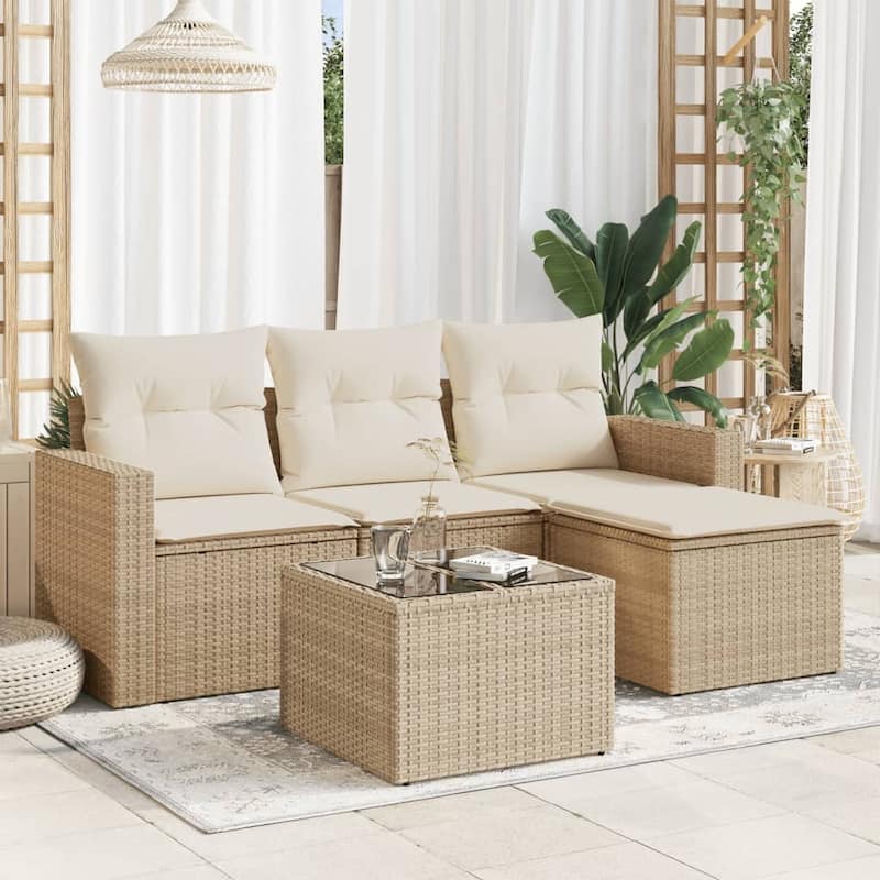 vidaXL Garden Sofa Set Beige PE Rattan, Powder-Coated Steel, Tempered Glass - 73.2 x 27.2 x 33.5