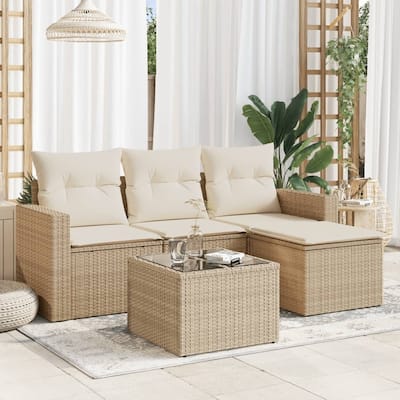 vidaXL Garden Sofa Set Beige PE Rattan, Powder-Coated Steel, Tempered Glass - 73.2 x 27.2 x 33.5