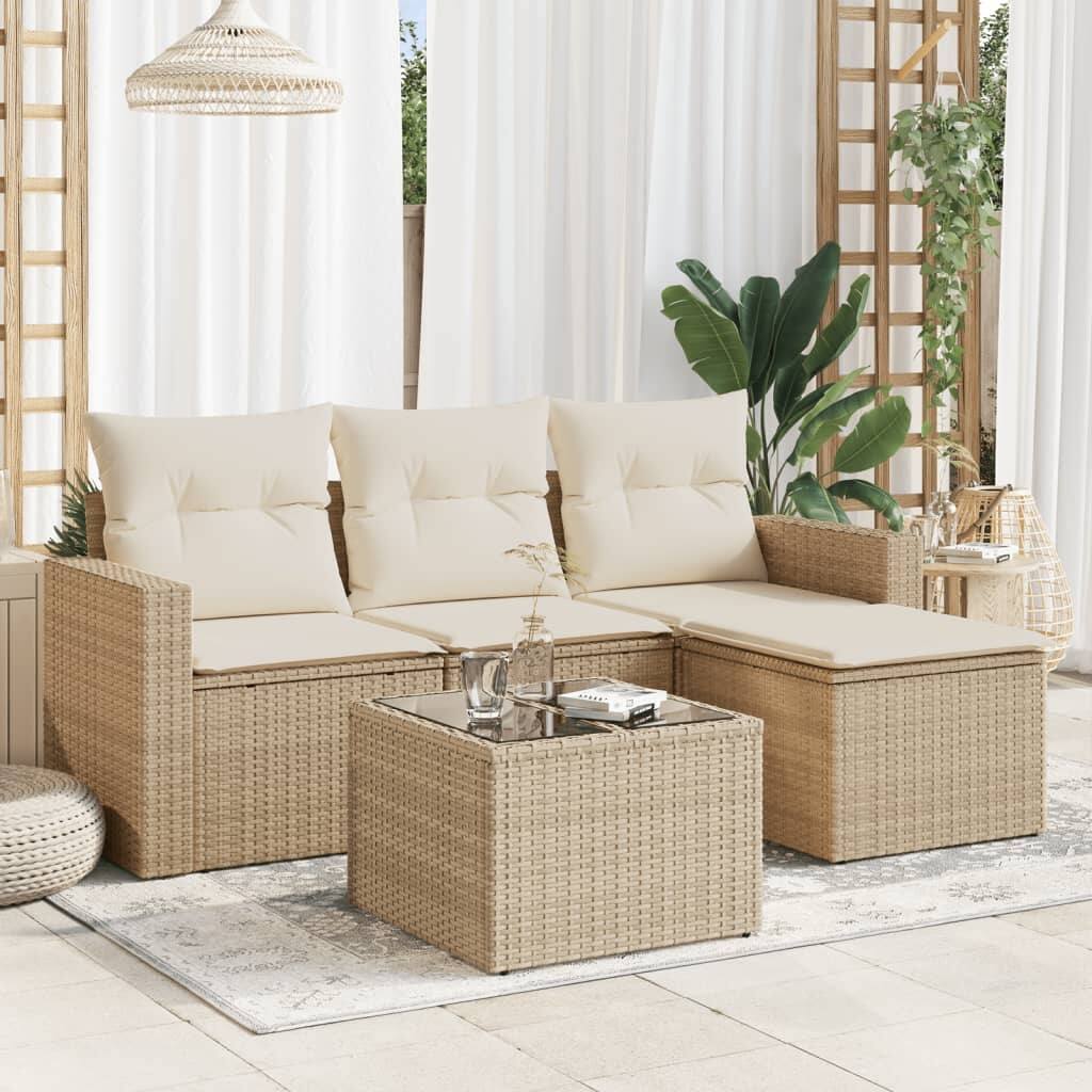 vidaXL Garden Sofa Set Beige PE Rattan, Powder-Coated Steel, Tempered Glass - 73.2 x 27.2 x 33.5