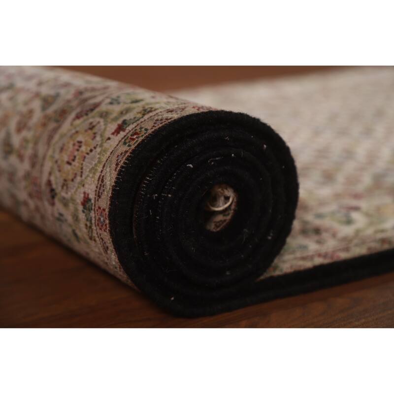 Hand Knotted Oriental Wool & Silk Carpet Traditional Floral Beige & Ivories Tabriz Runner Rug - 20' 4'' X 2' 7''