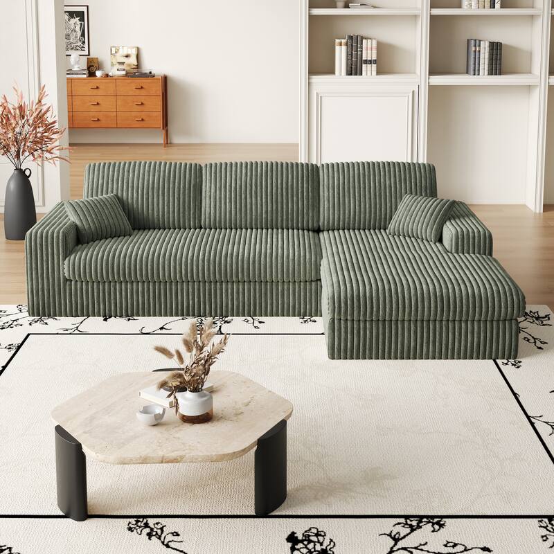 L-Shaped Sectional Sofa with Chaise Lounge, Corduroy Modular Foam Sofa, Upholstered Sofa with 2 Cushion & 2 Throw Pillows