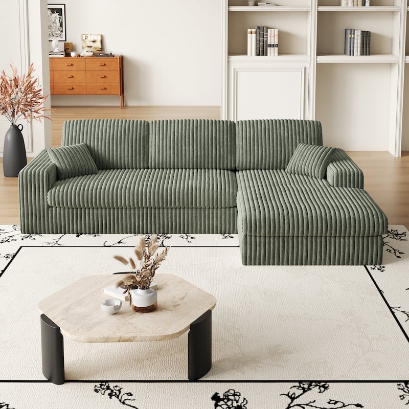 Roomfitters 114.5" Stylish Corduroy Modular Recliner Sofa, Convertible L-Shaped Couch with Neck Pillows & Throw Pillows