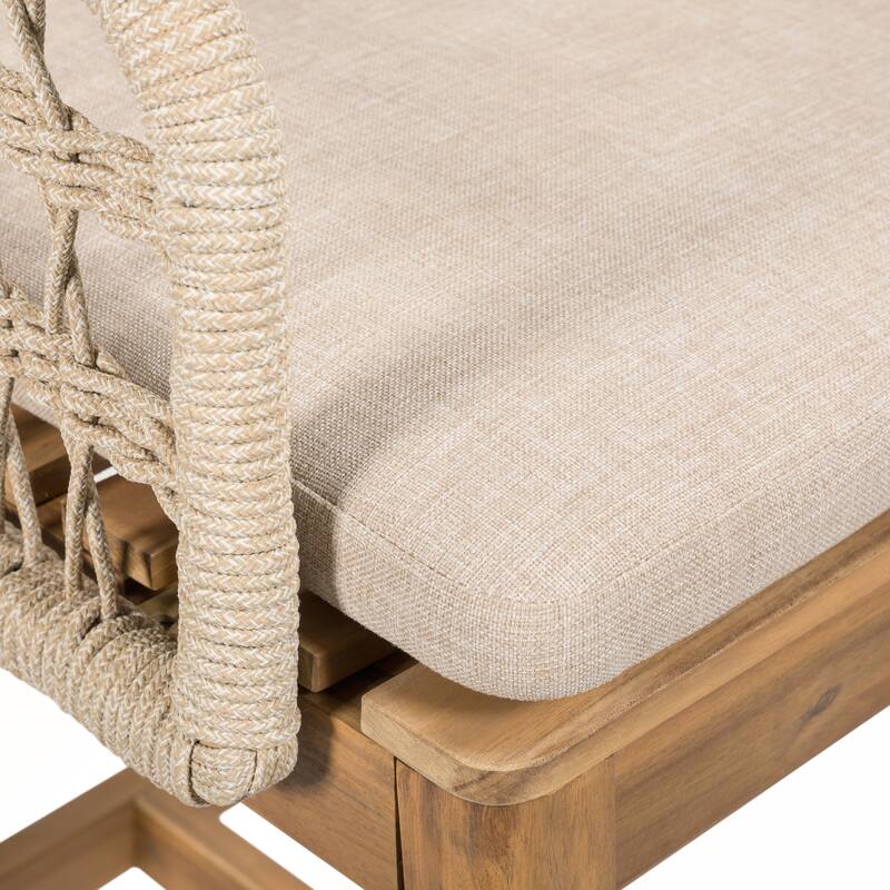 Outdoor Wood and Rope Barstool with Beige Cushion Set of 2