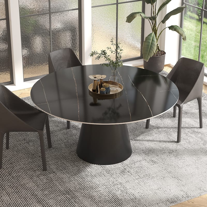 Modern Round Rock Slabs Black Titanium Stainless Steel Pedestal Dining Table