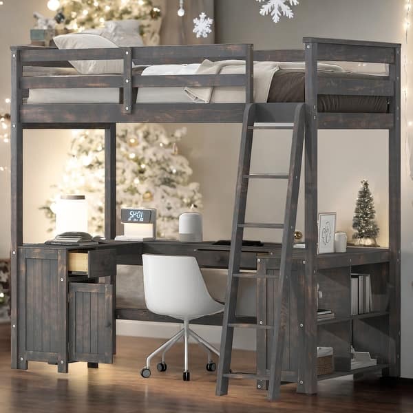 slide 2 of 16, Twin Loft Bed with U-shaped Desk, Drawers and Storage Shelves, Brown Brown
