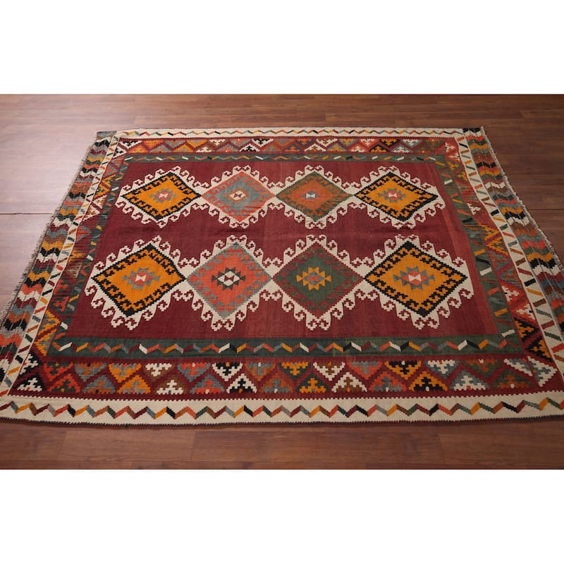Vegetable Dye Red Tribal Kilim Qashqai Persian Vintage Wool Carpet - 5'4"x 6'3"