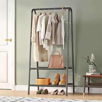 Metal Clothing Coat Rail with Double Layer Shelf for Storing Clothes - 13.8"D x 24.4"W x 62"H