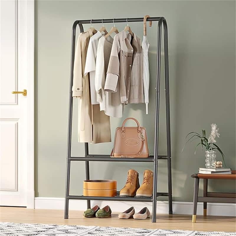 Metal Clothing Coat Rail with Double Layer Shelf for Storing Clothes - 13.8"D x 24.4"W x 62"H