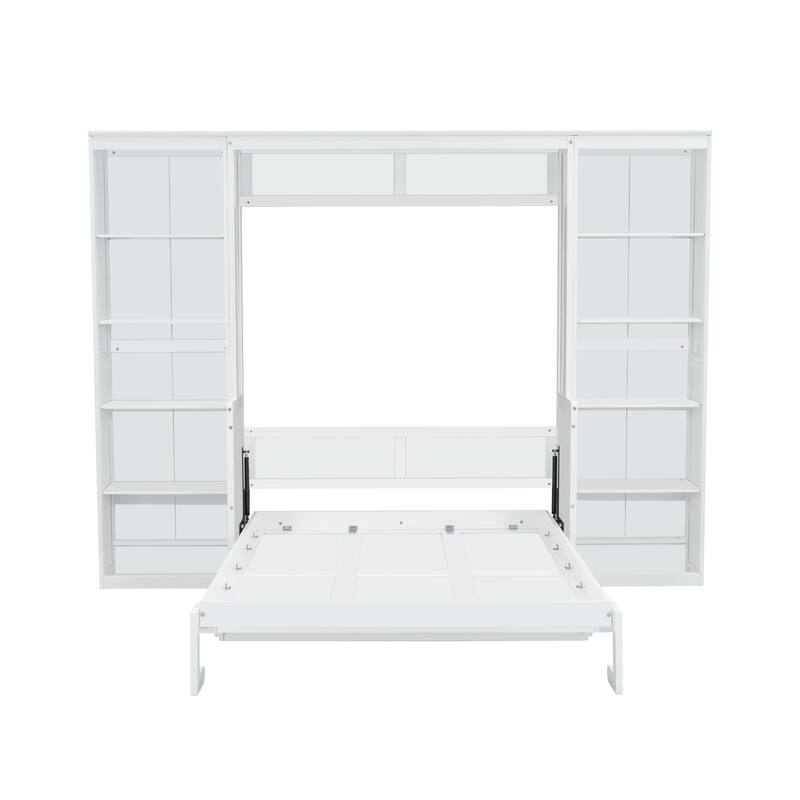 Large Murphy Bed, Wood Folding Wall Bed with Desk and Bookshelf