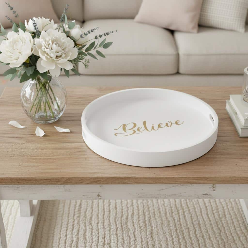 HomeRoots 14" White And Gold Believe Round Serving Tray With Handles - 13.75 in. x 1.65 in. x 13.75 in.
