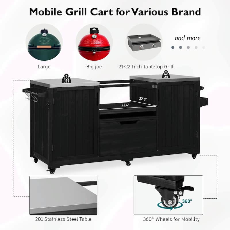 66.5" Outdoor Kitchen Island for Big Green Egg Grills, Solid Wood Grill Cart with Stainless Steel Top