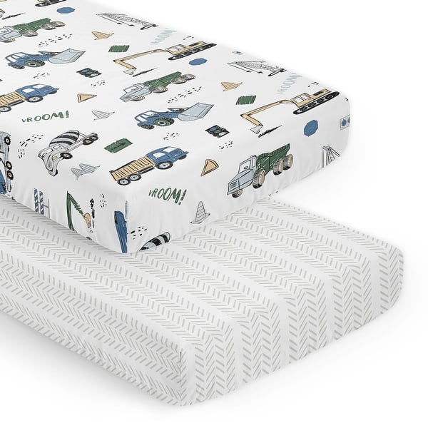 slide 2 of 6, Sweet Jojo Designs Green Blue Construction Truck Boy 2 Pack Fitted Crib Sheets Transportation Tire Tracks Navy Black and White