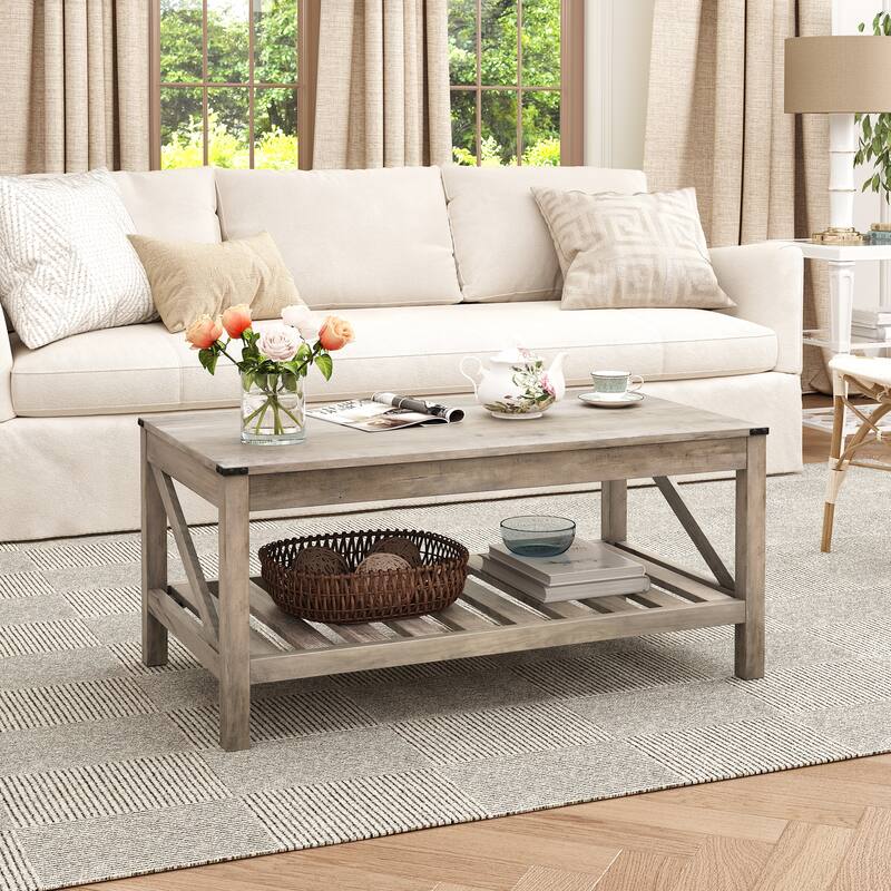 Crestlive Living Room Coffee Table with Storage Shelf, Sofa Center Table - 40.16" W x 22.05" D x 18.11" H - Washed Gray