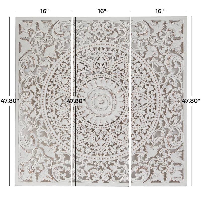 Wooden Handmade Intricately Carved Floral Wall Decor with Mandala Design (Set of 3) - Brown or White
