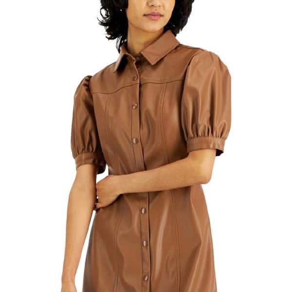 faux leather long dress Cognac Shirred Faux Leather Strapless Midi Dress