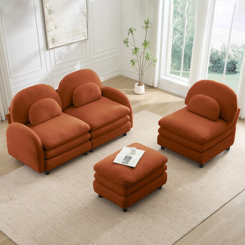98.2" Teddy Fabric Sectional Sofa with Curved Pillows and Ottoman