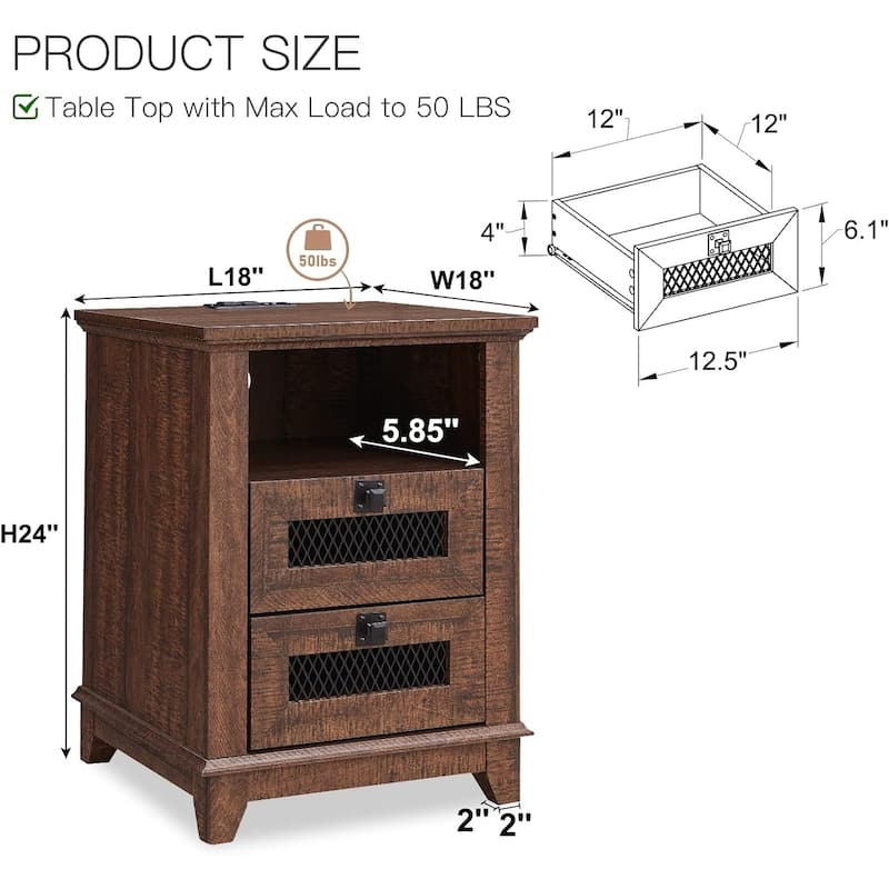 Farmhouse Nightstand Set of 2 with Charging Station, End Table