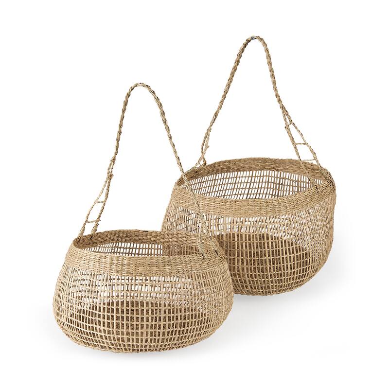 Nova 15.0L x 15.0W x 9.4H (Set of 2) Light Brown Seagrass Woven Round Basket W/ Long Handle - Light Brown