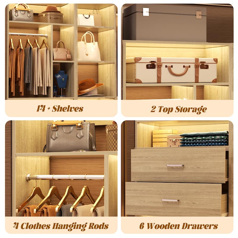 Corner Closet System with 6 Drawers & 4 Hanging Rods,Set of 3,Reversible Walk-in Closet Organizer System with Adjustable Shelves