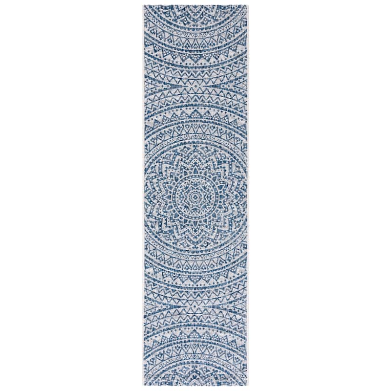 SAFAVIEH Courtyard Fran Mandala Indoor/ Outdoor Waterproof Patio Backyard Rug - 2'3" x 8' Runner - Ivory/Navy