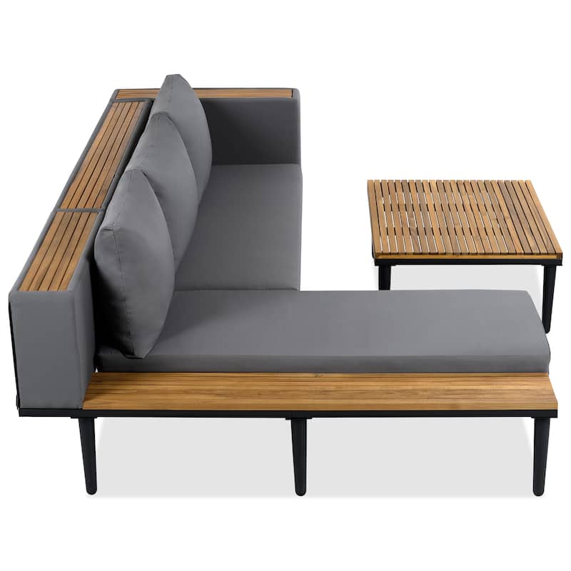 Roomfitters L-Shaped Outdoor Sectional Sofa Set with Built-in Wood Side Tables and Coffee Table, Patio Conversation Set
