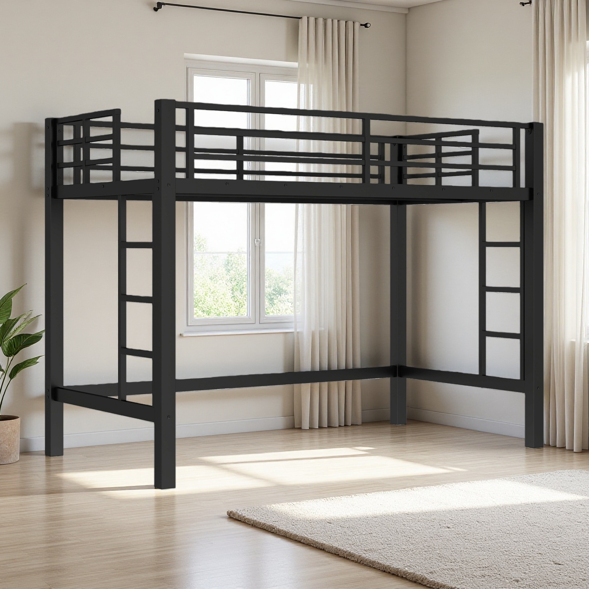 Twin XL Size Metal Loft Bed with Dual Side Ladders and Guardrails