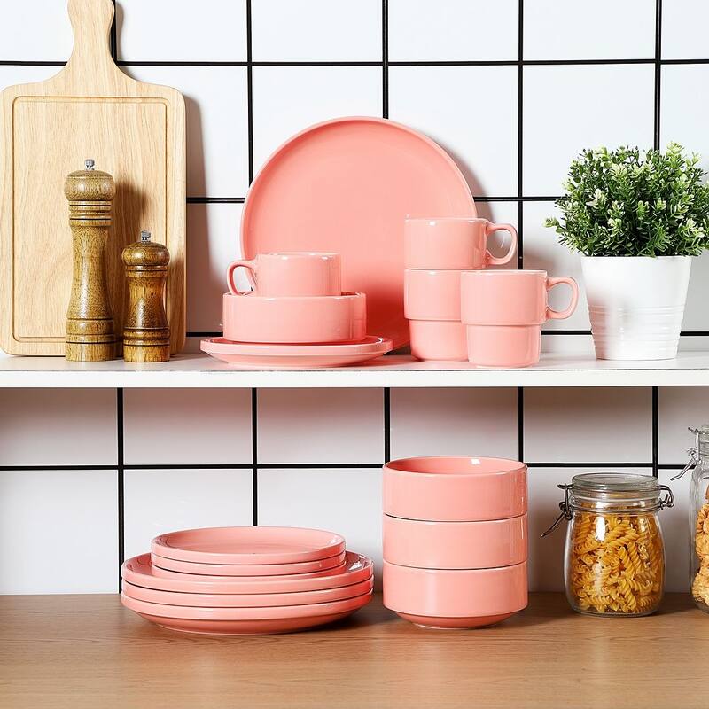 LOVECASA 16-Piece Round Dinnerware Set Stackable, Service for 4