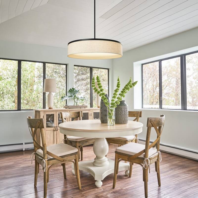 Farmhouse Drum Chandelier Integrate LED Ceiling Pendant w Fabric Shade