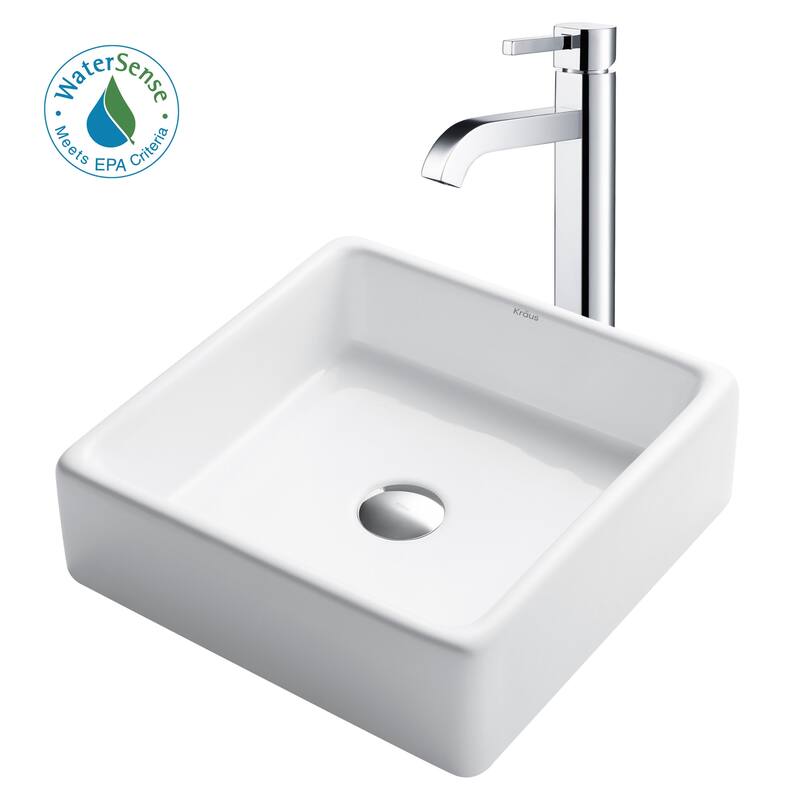 Kraus Bathroom Combo - 15" Ceramic Vessel Bathroom Sink With Vessel - Chrome