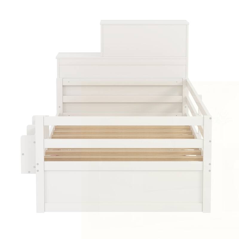 Wood Platform Bed with Sample Bookshelf and Movable Wardrobe