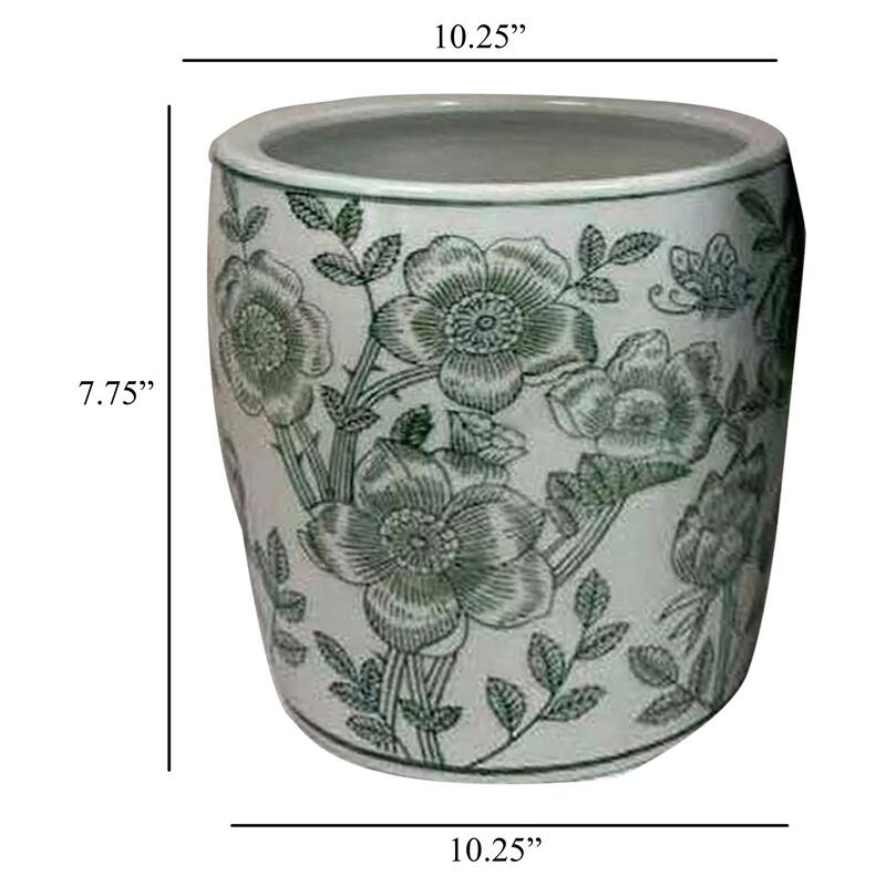 Kerry Accent Planter Pot Set of 4, Green Floral Pattern, White Ceramic