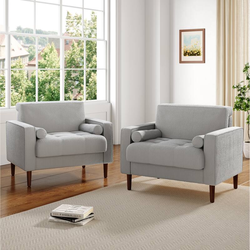 2 Set Modern Wide Armchair Corduroy Accent Chairs - Light Grey
