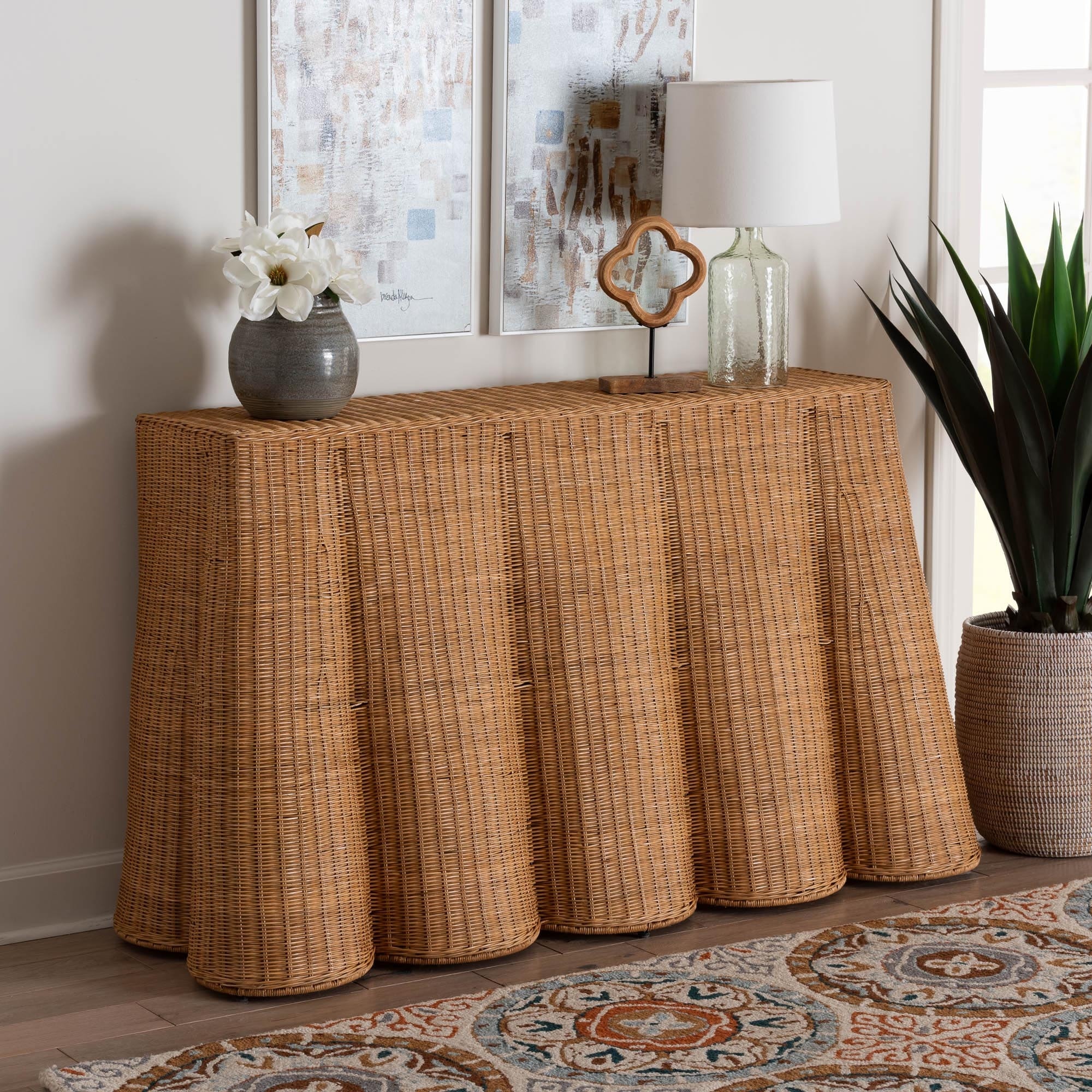 Palm Scallop Natural Rattan Console Table – Handwoven Wicker Accent Table for Hallway or Entryway, Coastal Décor, Rectangle