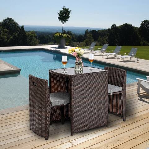 3PCS Rattan Wicker Bistro Set with Glass Top Table 2 Chairs