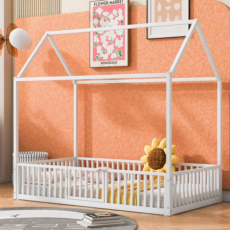 White Twin Size Metal House Bed with Fence, Roof, and Door for Kids' Bedroom - Twin - White