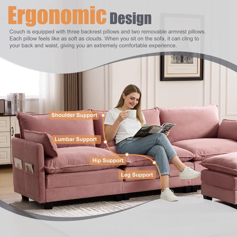 102.95" L-Shaped Corduroy Sectional Sofa with Movable Ottoman