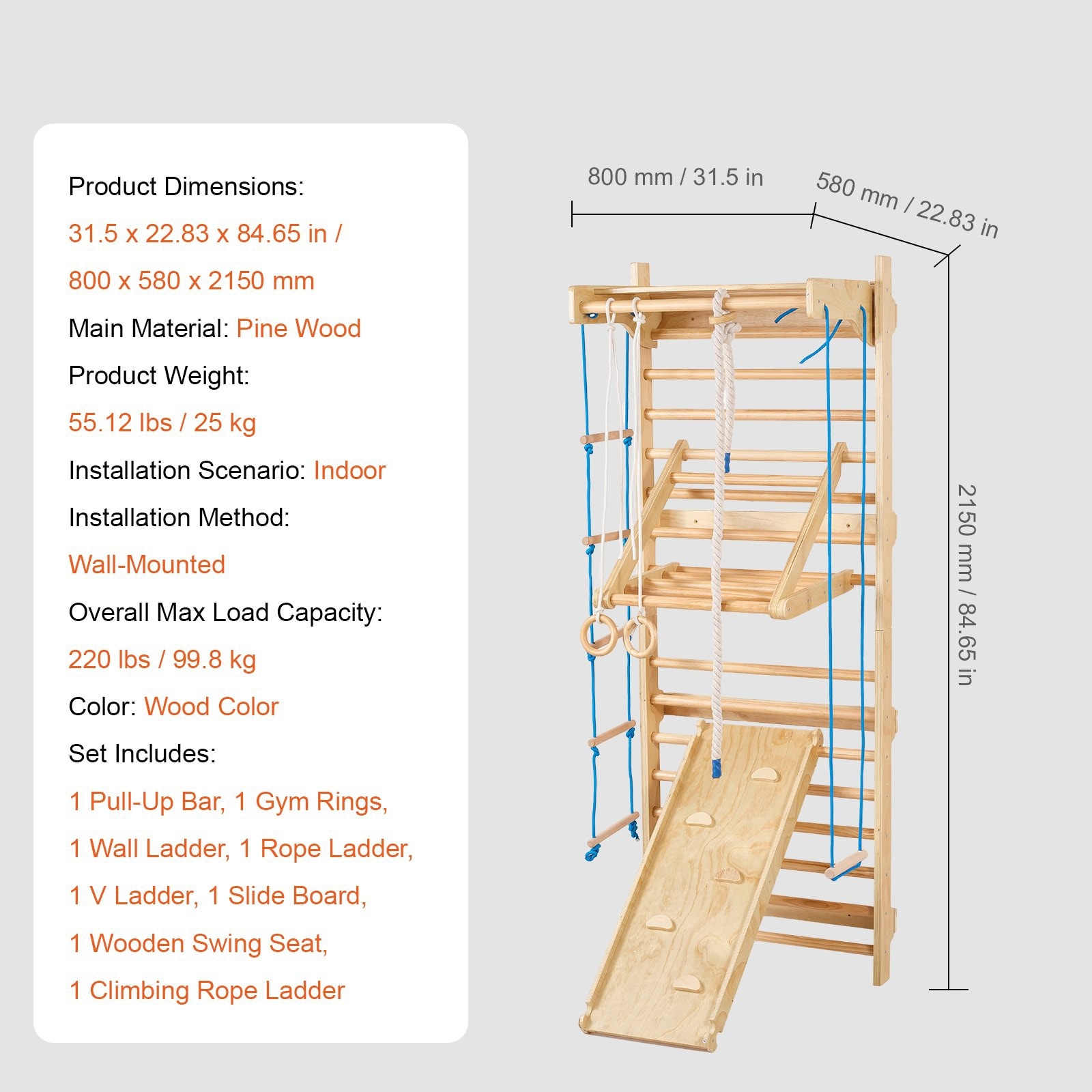 Natural Pine Wood 15-Level Ladder Wall Gym Set with Rings - 31.5” L x  22.83” W x 84.65” H - Bed Bath & Beyond - 42825124