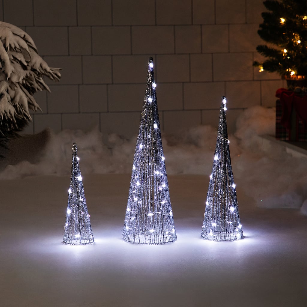 3 LED Silver Glitter Cone Tree Outdoor Christmas Decorations 23.5"