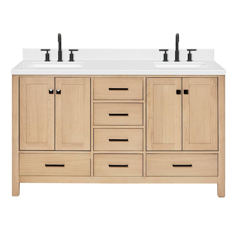 Ariel A060DCQRVO Cambridge 60" Free Standing Double Basin Vanity Set - Oak / Carrara White Quartz Top / Matte Black
