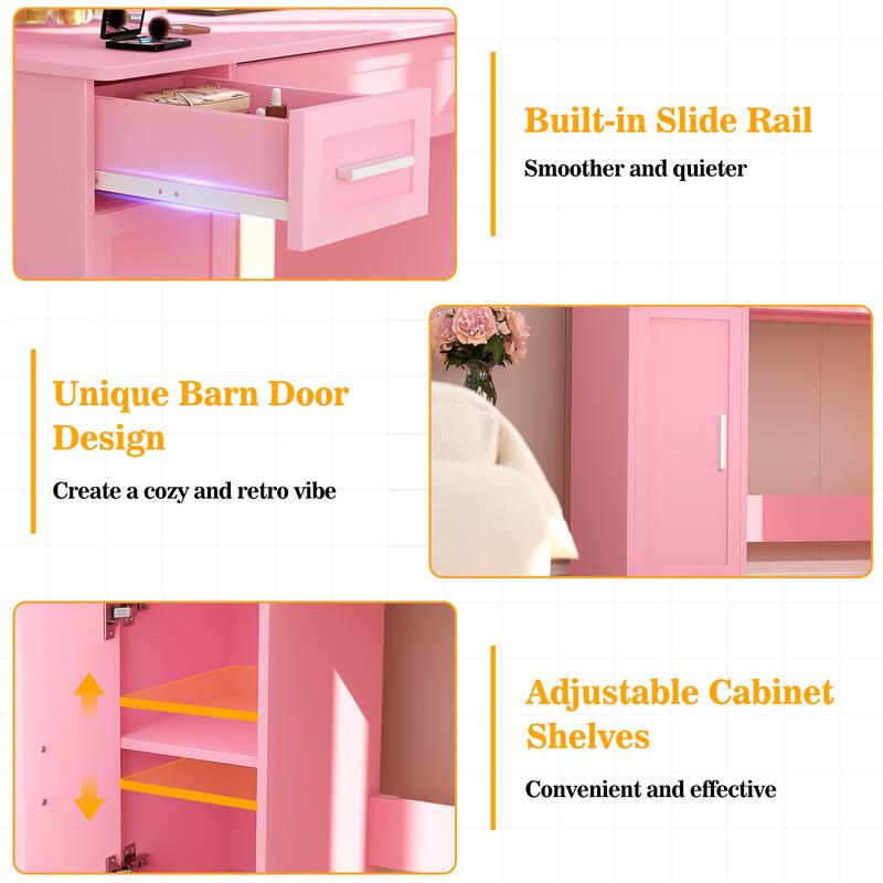 Modern Farmhouse Vanity Table with LED Mirror, Makeup Vanity Desk with Drawer, Cabinet, and Shelves