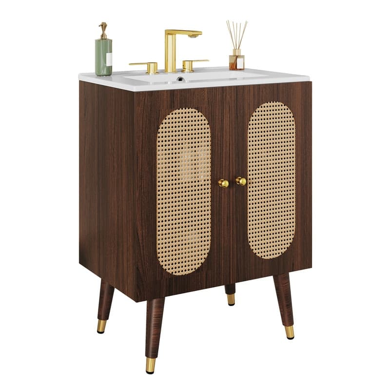 Moasis 24" Bathroom Vanity with Ceramic Sink, Rattan Double Door Cabinet and Drawer, Freestanding Solid Wood Legs