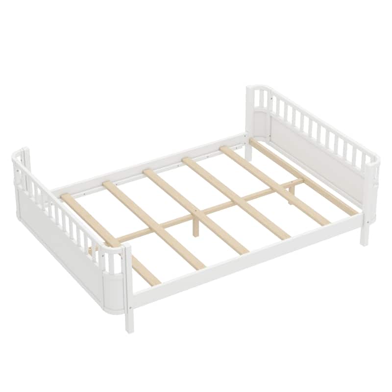 Multi Size Low Platform Bed for Kids with Rounded Corners Guardrails, Detachable Right-side Fence and Open Left-side Design