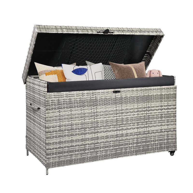 Black Heavy Duty Wicker Deck Box with 4 Wheels, Lockable Lid and Bench for Patio Poolside and Garden​