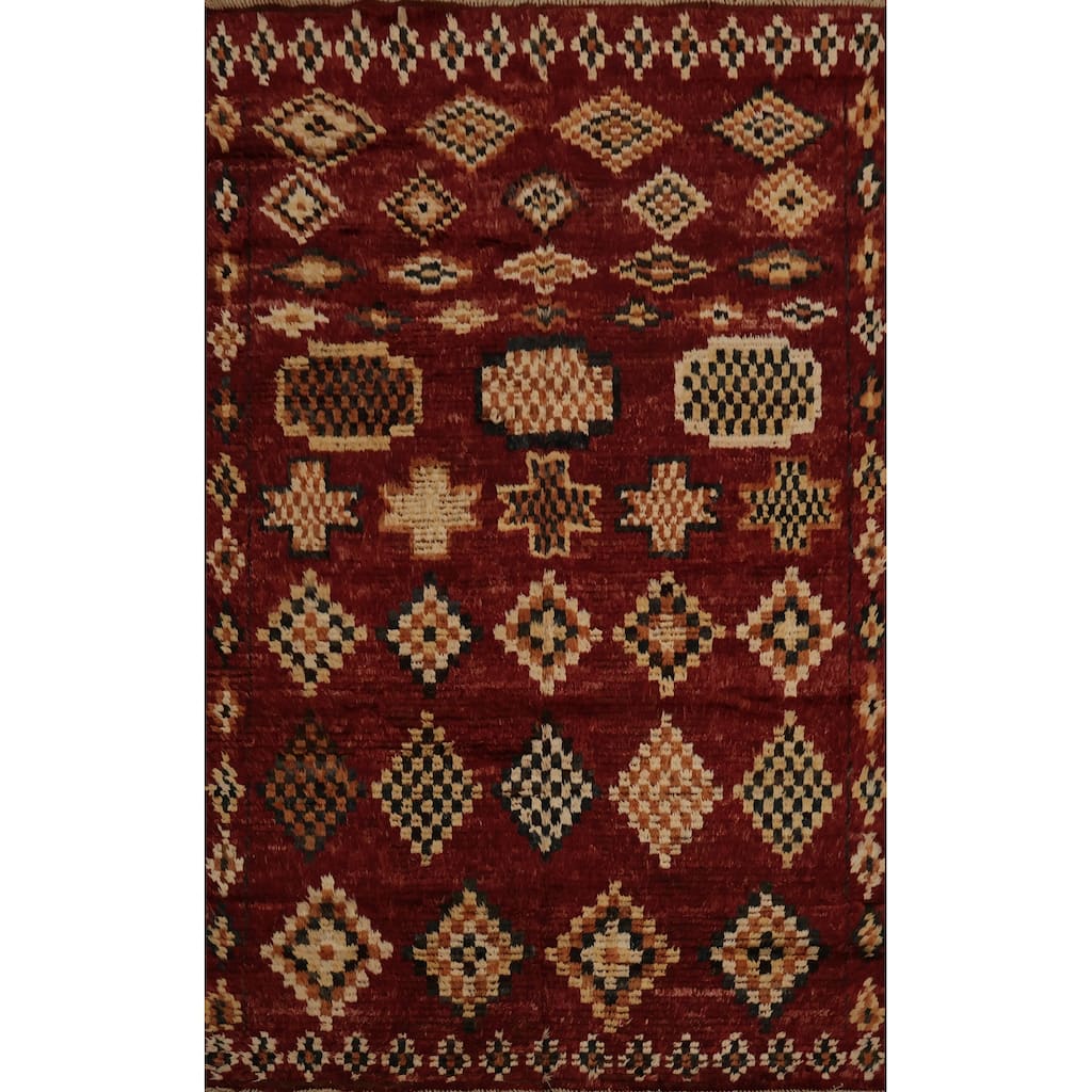 Hand Knotted Oriental 100% Wool Carpet Modern Tribal Red Moroccan Area Rug - 7' 6'' X 5' 11''