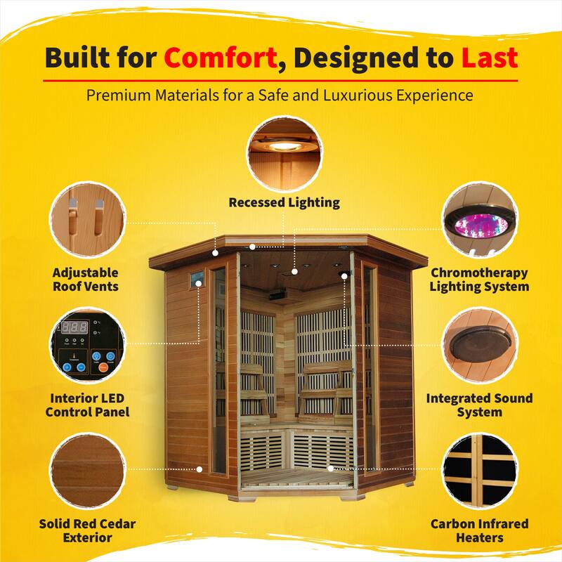 HeatWave Whistler 4-Person Cedar Corner Infrared Sauna with 10 Carbon Heaters