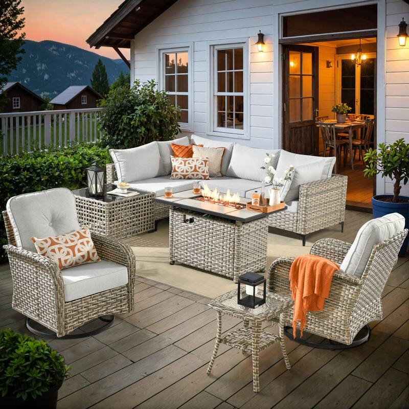OVIOS 9 Pieces Outdoor Wicker Swivel Chair Set With Fire Table