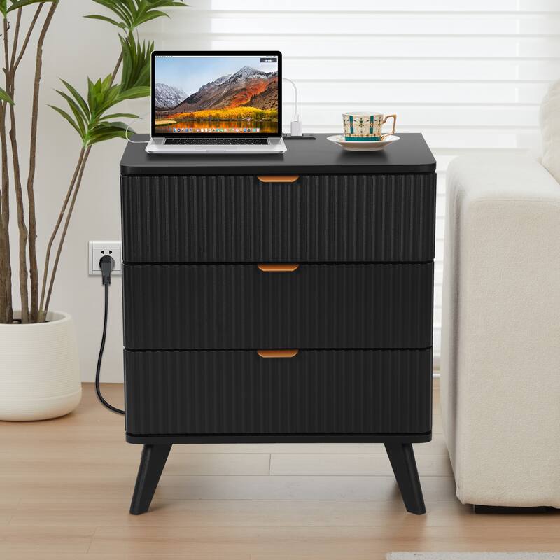 23.62in.W End Table 3-Drawer Nightstand with Charging Station