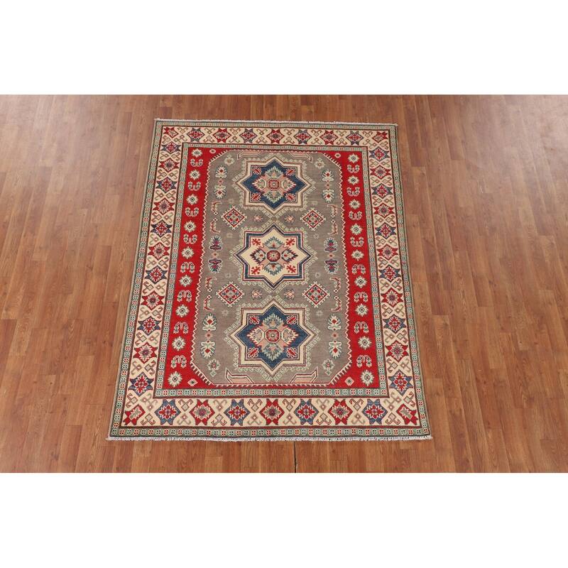 Kazak Area Rug Handmade Traditional Grey Wool Carpet - 5'0" x 6'7"