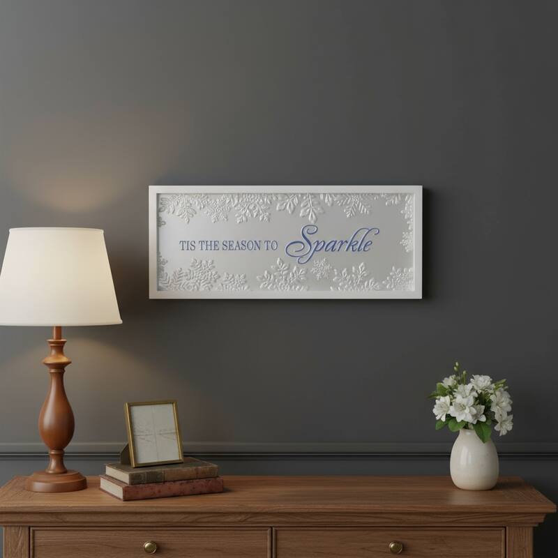 HomeRoots 9" X 20" White And Blue Christmas Snowflake Tis The Season Wood Framed Art - White/Blue - 20.00 in. x 8.50 in.  x 1.00 in.