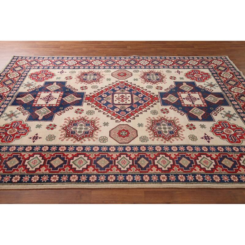 Ivory Geometric Kazak Area Rug Handmade Wool Carpet - 6'8" x 9'6"